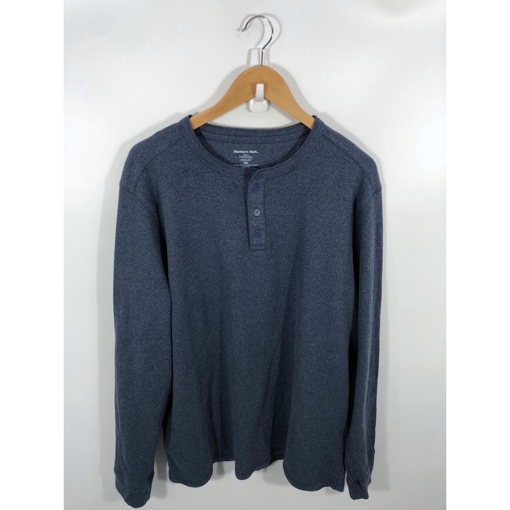 Members Mark Men Long Sleeve Ribbed Thermal Henley XXL Blue Layer Outdoor Hiking